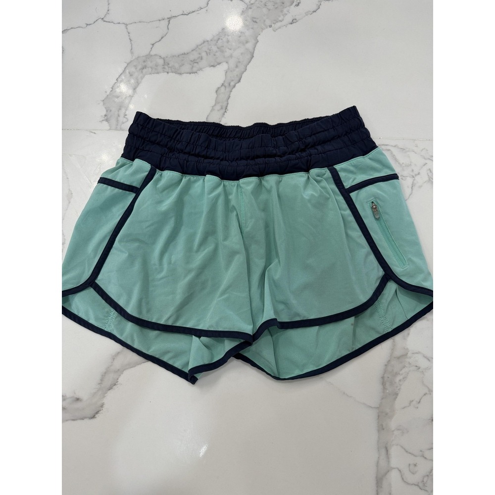 Lululemon Shorts Womens 10 Green Navy Colorblock Running Zip Pocket 4 Inseam